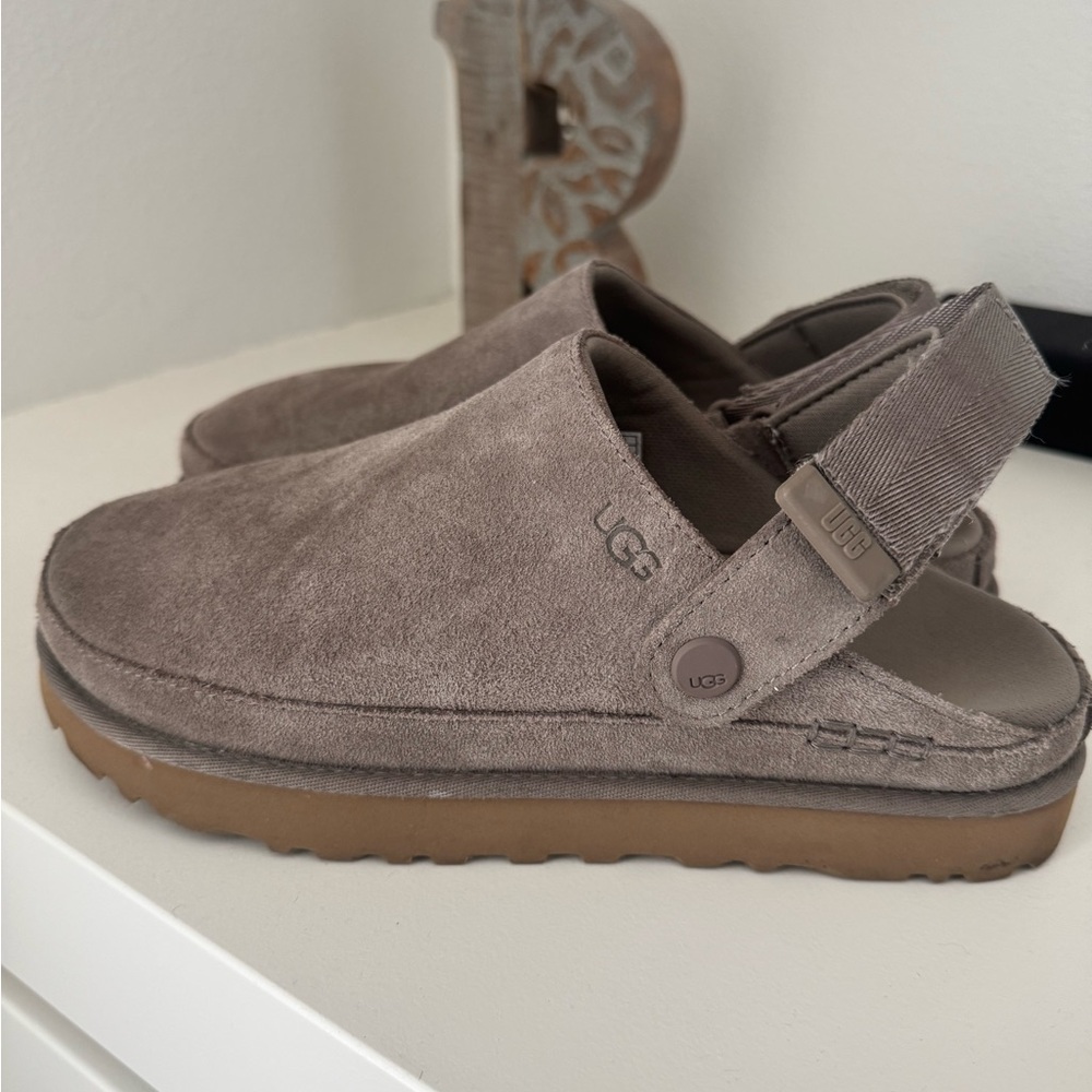 UGG Taupe Suede Backstrap Mules golden starr